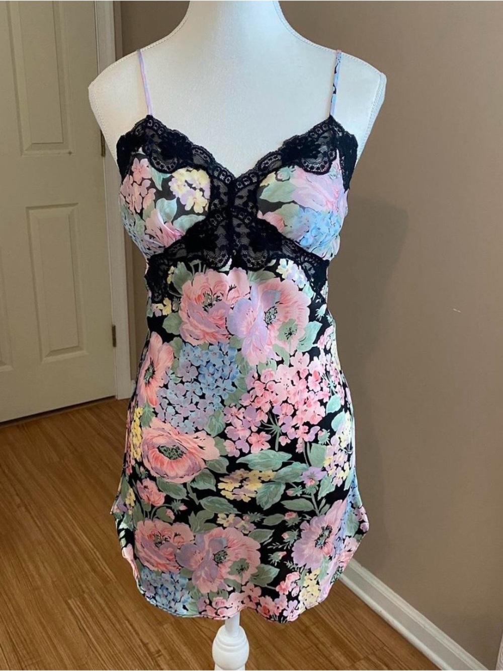Gold label Satin Chemise Slip - Black with Pastel Floral